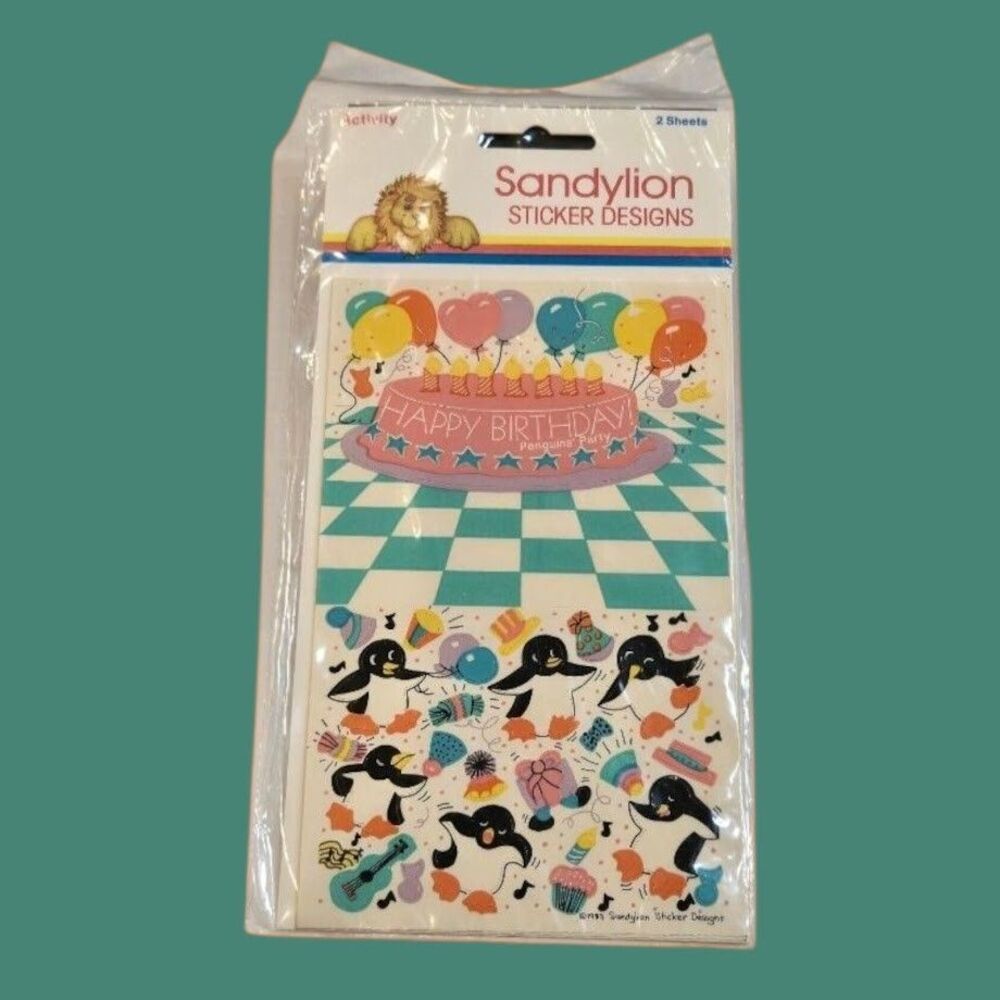 1980s Sandylion Sealed Stickers Festive Penguins Birthday Cake Balloons NIP Rare